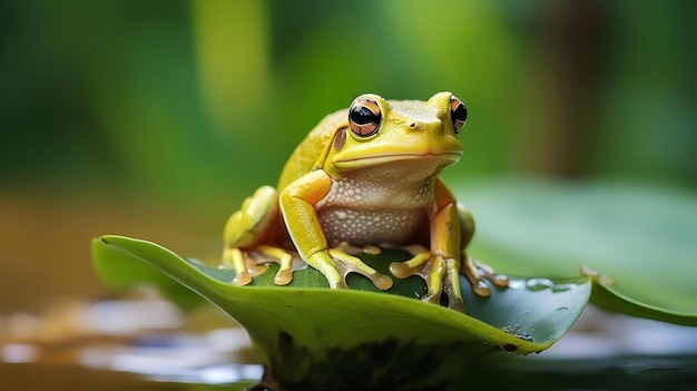 une grenouille est assise sur une feuille sur l'eau