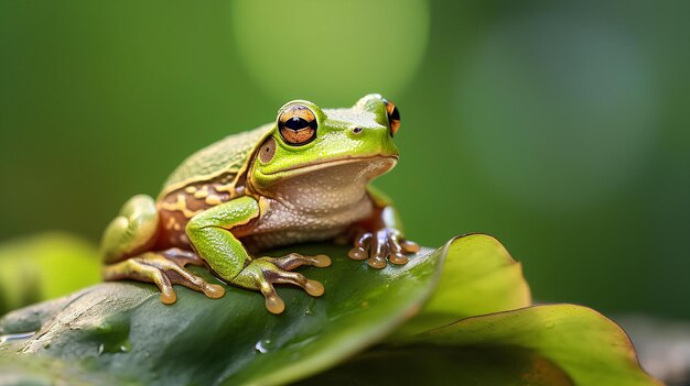 une grenouille est assise sur une feuille sur l'eau