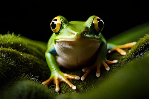 Une grenouille est assise sur une feuille verte sur fond noir.