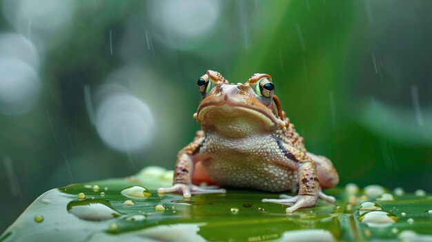 une grenouille est assise sur une feuille verte avec des gouttes d'eau