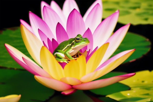 Une grenouille est assise sur une fleur de lotus.