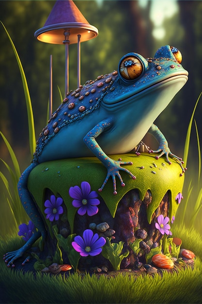 Une grenouille est assise sur un gâteau avec des fleurs violettes dessus.