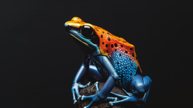 une grenouille est assise sur un rocher avec un corps bleu et orange et un corps Bleu et orange