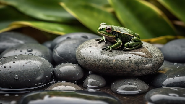 Une grenouille est assise sur un rocher dans l'eau.