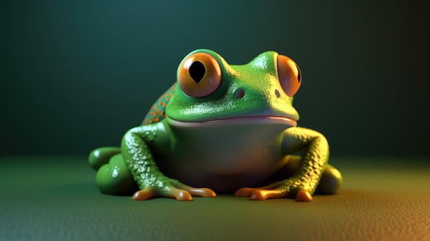 Une grenouille est assise sur une surface verte avec un fond sombre.