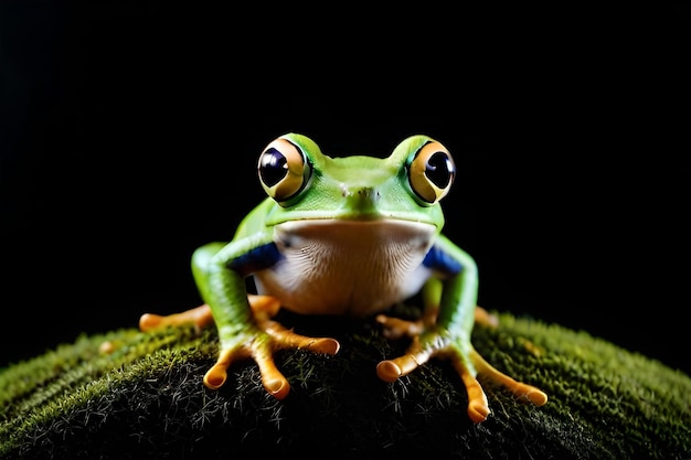Une grenouille est assise sur une surface verte moussue.