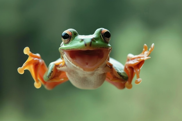 Une grenouille avec une expression humoristique au milieu du saut