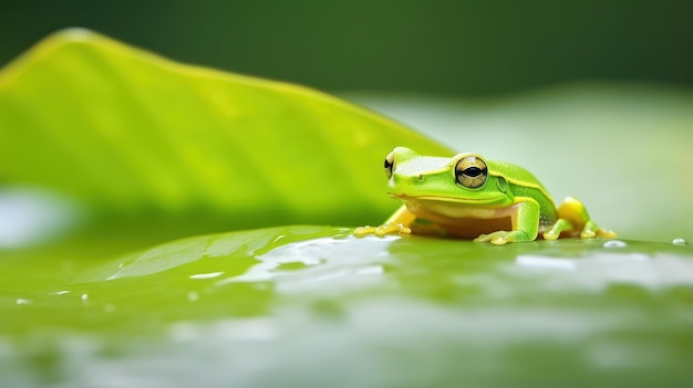 Grenouille sur une feuille au-dessus d'un étang tranquille