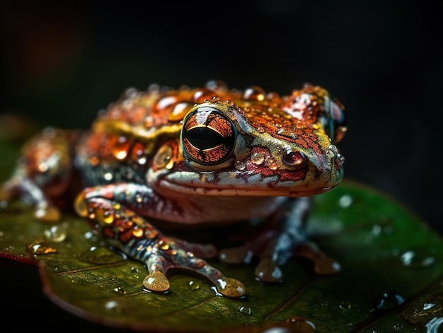 Une grenouille avec une feuille verte avec des gouttes de pluie