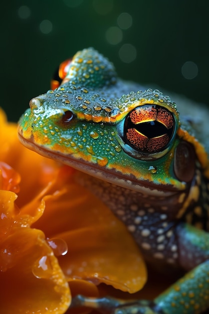 Une grenouille avec une fleur jaune et orange en arrière-plan