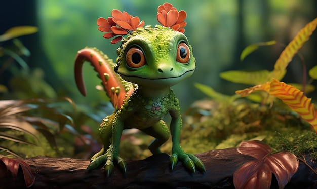 une grenouille avec une fleur sur sa tête et une fleur à sa tête