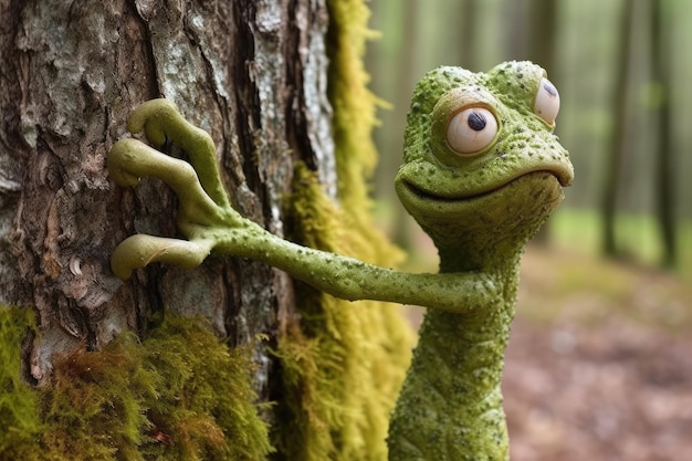 Une grenouille avec un gros œil est debout sur un tronc d'arbre.