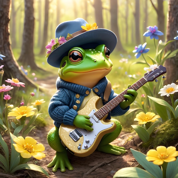 une grenouille avec une guitare dans les bois avec des fleurs en arrière-plan