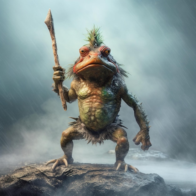 Une grenouille d'homme des cavernes avec un mohawk tenant une lance dans sa main