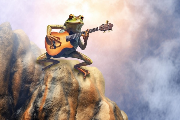 une grenouille jouant de la guitare sur un rocher