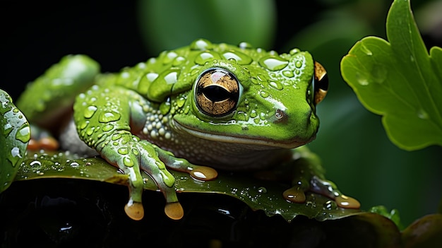 Une grenouille à lèvres blanches attrapée sous la pluie sur une branche d'arbre dans un parc AI générative