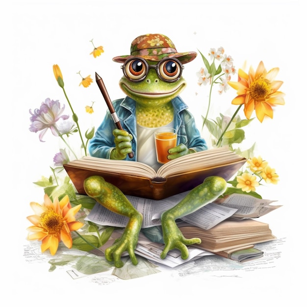 Une grenouille à lunettes et un chapeau assise sur un livre et écrivant un ai génératif