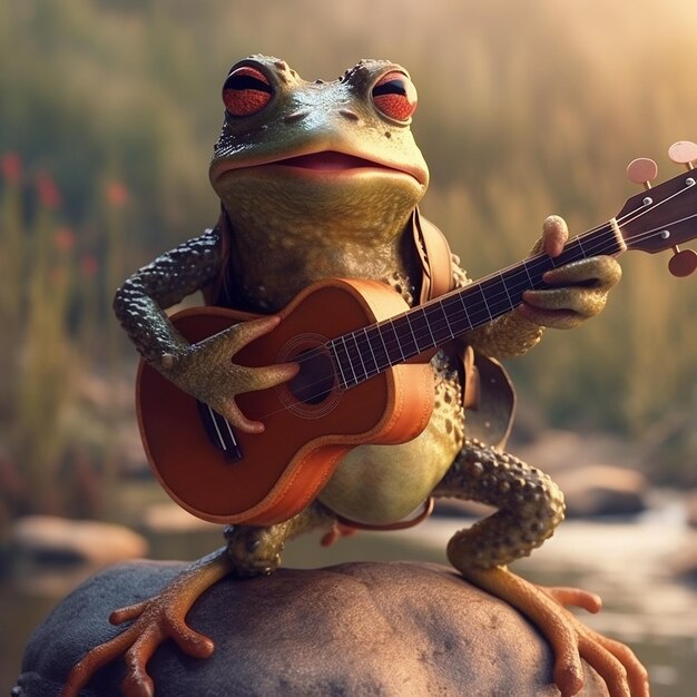 Grenouille mignonne bulgare jouant de la guitare superbes images de vue AI générative