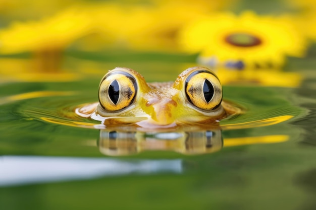 Une grenouille à moitié submergée dans un étang entourée de lys