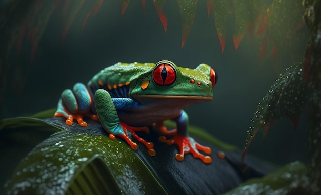 Une grenouille avec un œil rouge est assise sur une feuille.