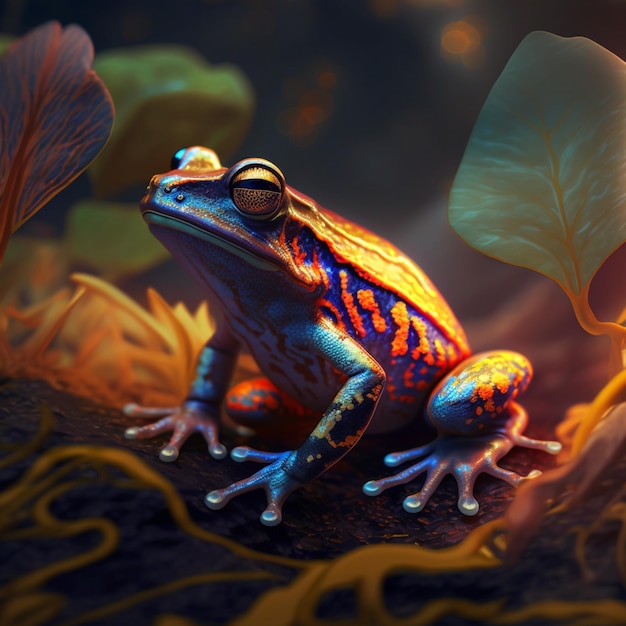 Une grenouille peinte de couleurs vives