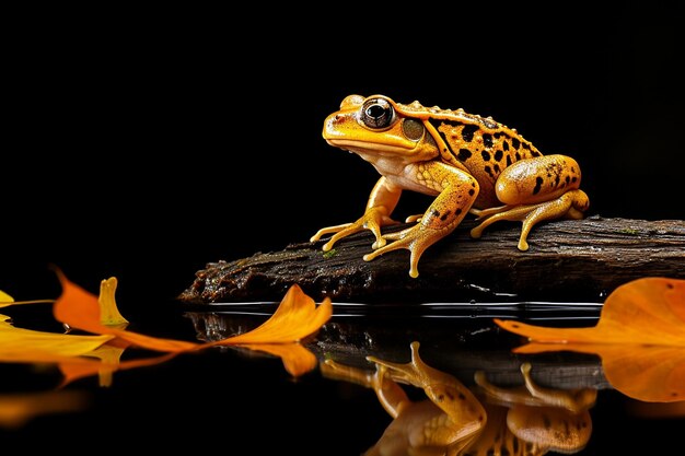 Photo une grenouille perchée sur une feuille tombée flottant sur la surface d'un étang