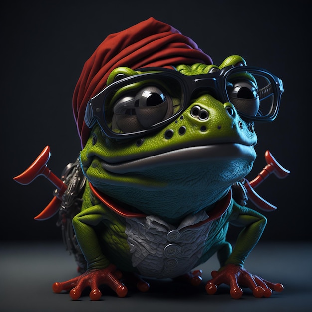 Une grenouille portant un chapeau et des lunettes porte un chapeau rouge et des lunettes.