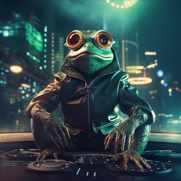 une grenouille portant une veste en cuir et des lunettes assise sur un disque