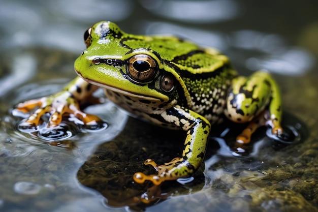 La grenouille regarde attentivement à travers l'eau