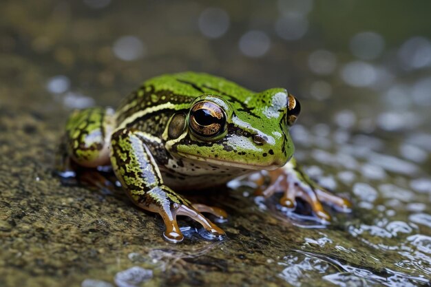 La grenouille regarde attentivement à travers l'eau