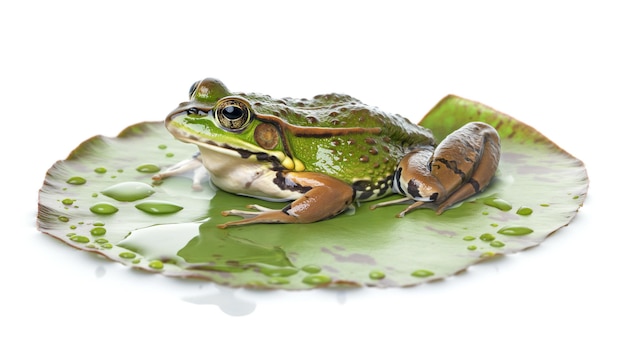 Une grenouille reposant sur un lis avec un escargot isolé sur blanc avec des gouttes d'eau