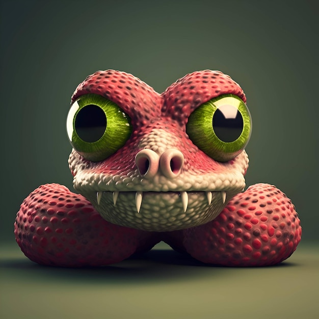 Grenouille rouge drôle avec les yeux verts se reposant sur un rendu 3d de fraise