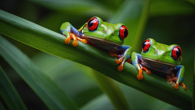 une grenouille rouge et noire est assise sur une feuille