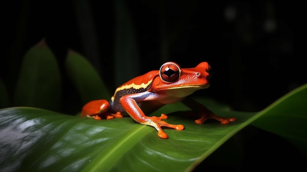 Une grenouille rouge et verte est assise sur une feuille dans le noir.