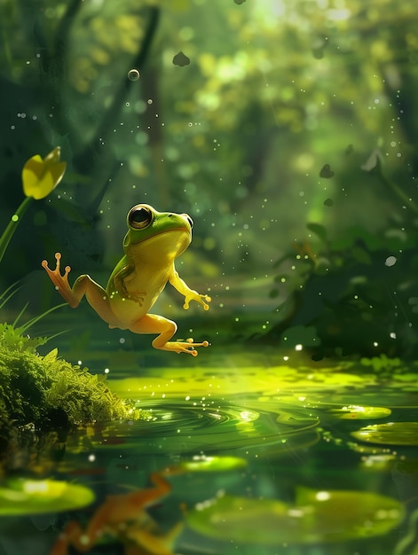 Photo la grenouille saute dans l'air, l'étang, les objets flottants mignons, les animaux, la forêt.