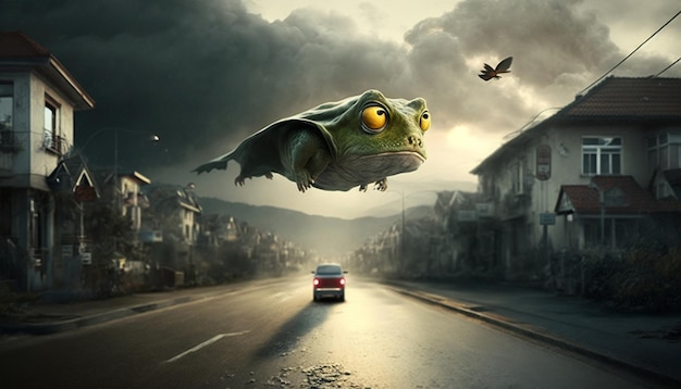 Une grenouille survolant une route avec un ciel nuageux en arrière-plan