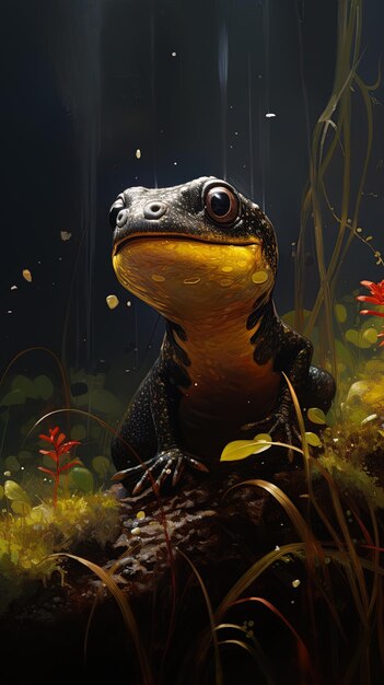 une grenouille avec une tête noire et un corps jaune et des fleurs orange dans l'eau