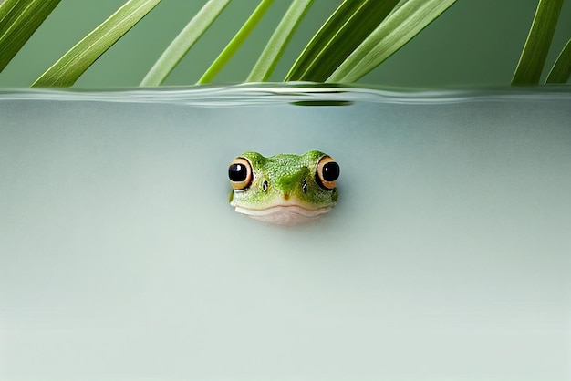 Une grenouille à tête verte dans une piscine d'eau