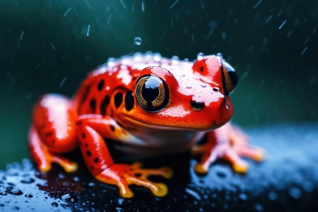 Grenouille venimeuse rouge assise dans les gouttes de pluie et arrière-plan flou IA générative