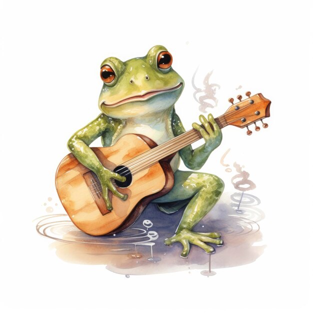 Une grenouille verte aquarelle jouant d'un petit instrument de musique sur fond blanc