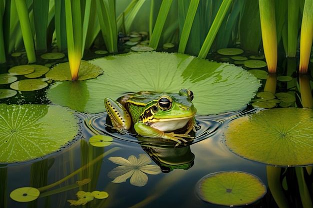 Grenouille verte assise sur un nénuphar dans l'eau parmi l'herbe créée avec une IA générative