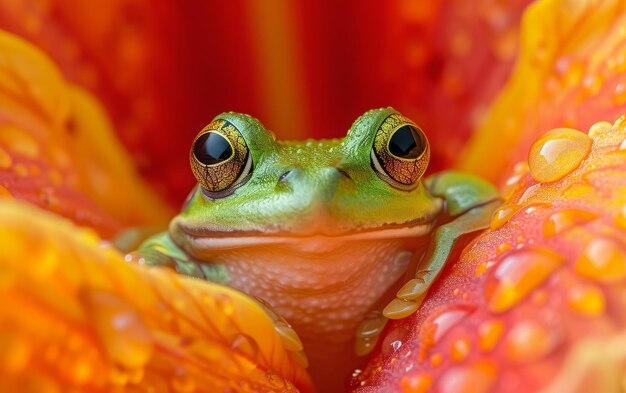 Une grenouille verte au milieu des pétales d'orange