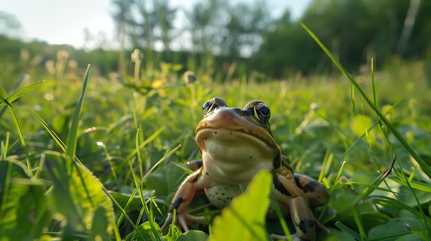 Une grenouille verte est assise sur une feuille verte luxuriante La grenouille regarde la caméra avec ses grands yeux ronds La peau de la grenouille est lisse et humide