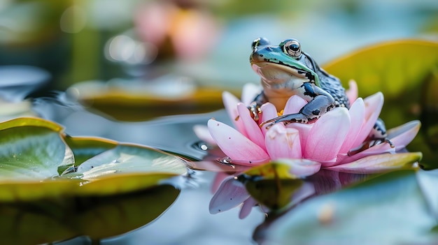 Une grenouille verte est assise sur un lily d'eau rose la grenouille regarde la caméra le lily est entouré de feuilles vertes