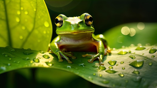 Photo la grenouille verte sur une feuille dans la forêt tropicale du costa rica génère ai