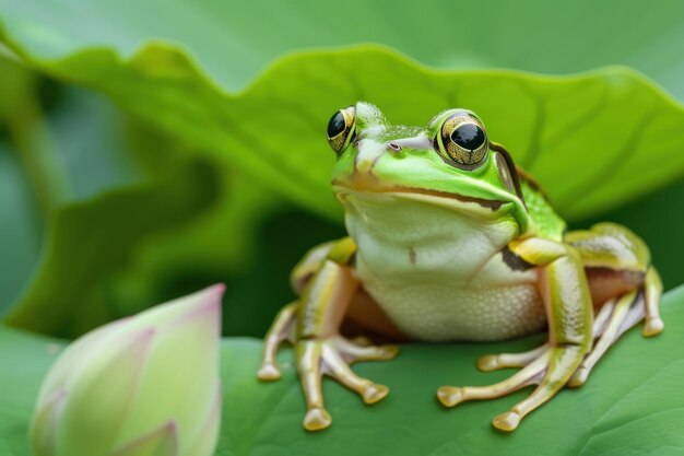 La grenouille verte sur le fond de la feuille de lotus