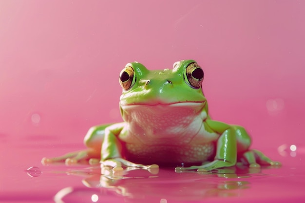 Une grenouille verte sur un fond rose