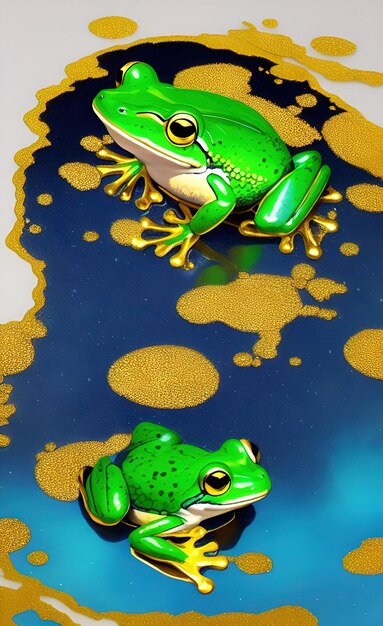 Photo grenouille verte et grenouille jaune assises sur une surface bleue