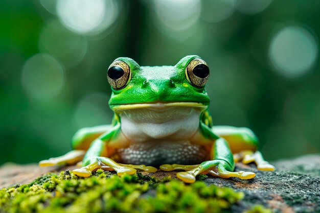 Une grenouille verte et jaune assise sur un rocher avec de la mousse qui y pousse.