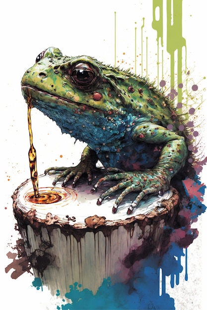 Une grenouille verte avec un liquide coulant de sa bouche.